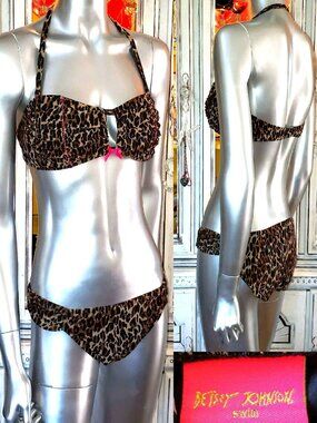 Vintage Betsey Johnson Bikini Pinup Leopard Animal Print Mesh Pink Crystal Lips